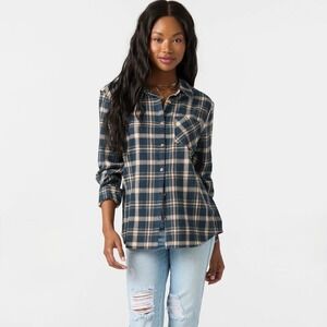 O'Neill Logan Flannel Shirt Navy Green Plaid Cotton Button Down Small NWT